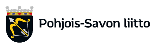 Logo, jossa on musta kilpi, jossa on kultainen jousi ja hopeinen nuoli, jonka päällä on hopeinen kruunu. Sen vieressä teksti Pohjois-Savon liitto mustin kirjaimin vaalealla pohjalla.