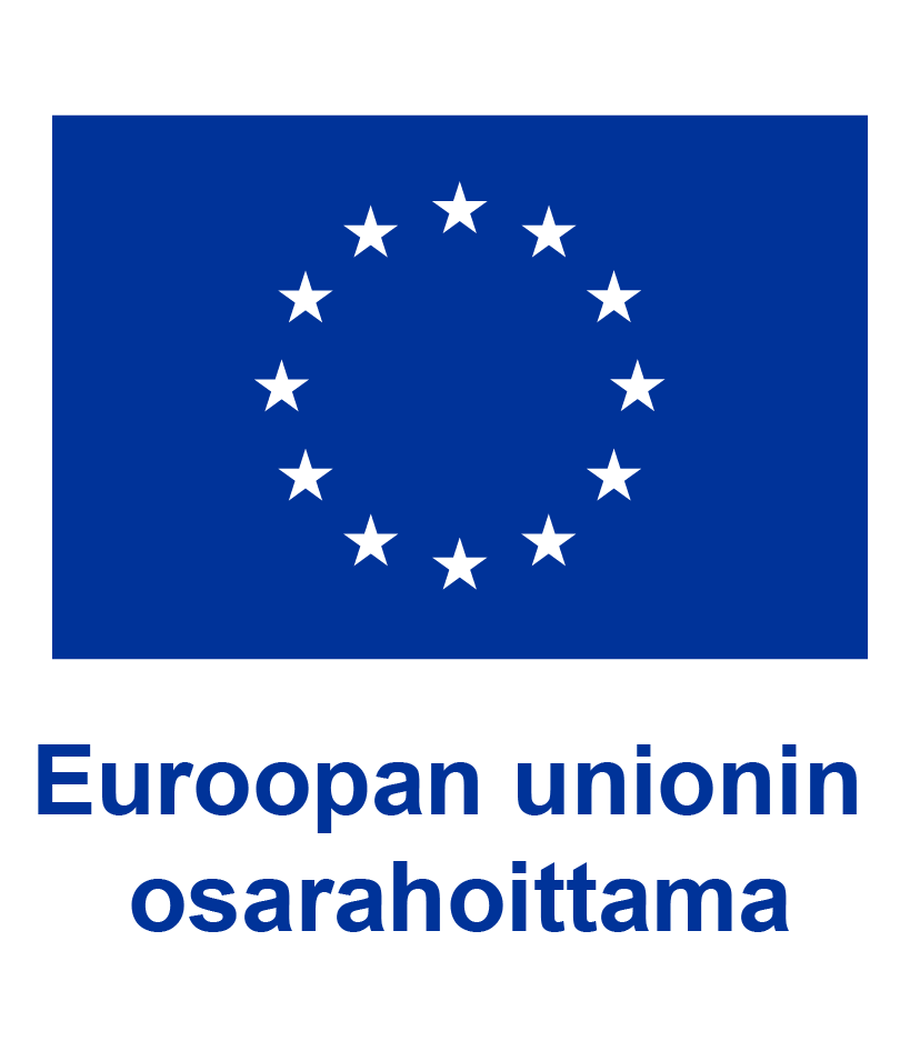 Kuvassa on EU:n lippu, jossa on 12 valkoisen tähden ympyrä sinisellä pohjalla. Lipun alla on suomenkielinen teksti: Euroopan unionin osarahoittama.