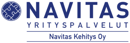 Navitas Yrityspalvelut -logo, jossa vasemmalla pyöreä palapelinpalasymboli ja Navitas Kehitys Oy:n yläpuolella teksti Navitas Yrityspalvelut sinisin isoin kirjaimin.