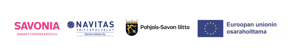 Neljä logoa: Savonian ammattikorkeakoulu, Navitas Business Services, Pohjois-Savin aluehallinto ja Euroopan unioni sekä niihin liittyvä teksti suomeksi.
