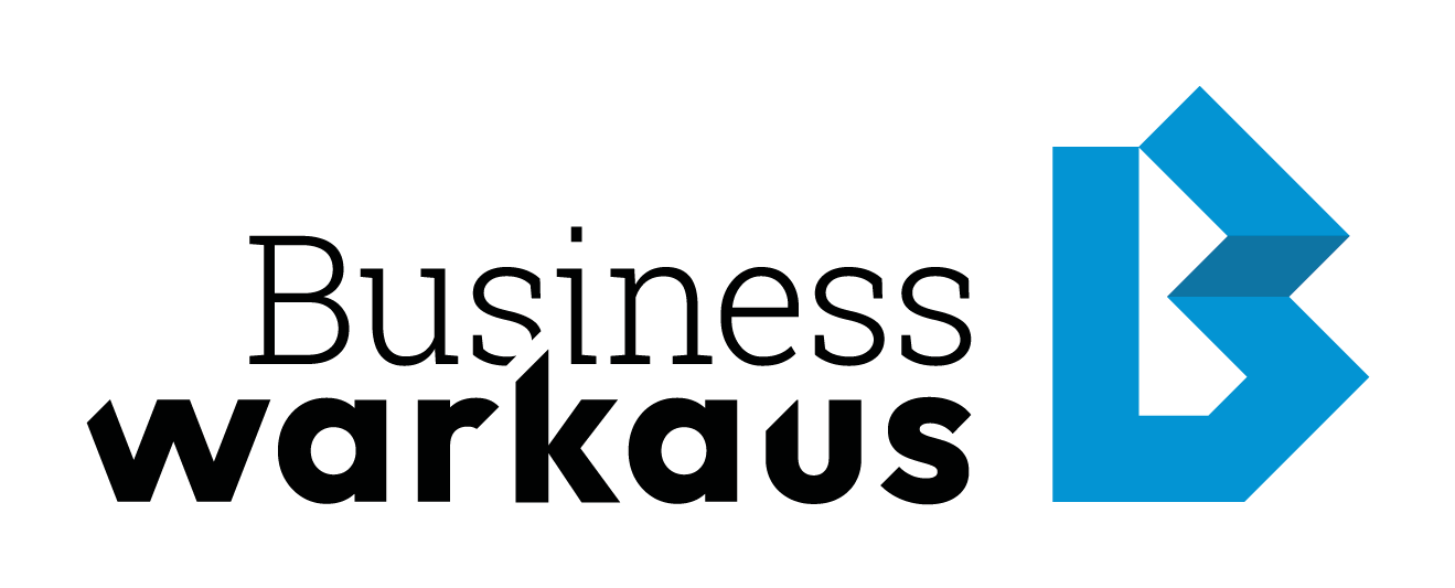 Business Warkaus -logossa on teksti sinisen tyylitellyn B-kirjaimen vieressä.